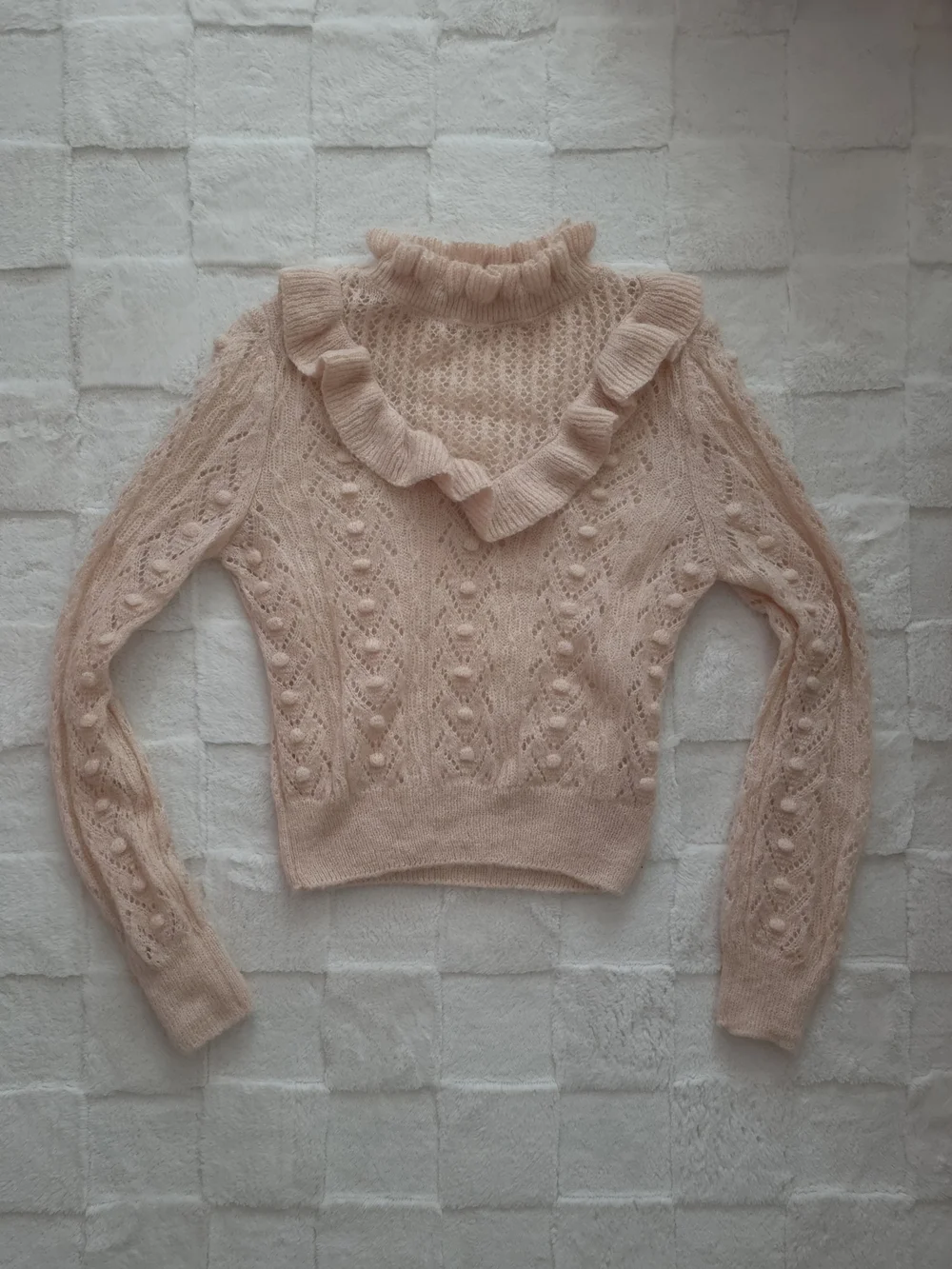 Zara Ruffled Mock Neck Knit Sweater in Blush Pink - Picture 1 of 2
